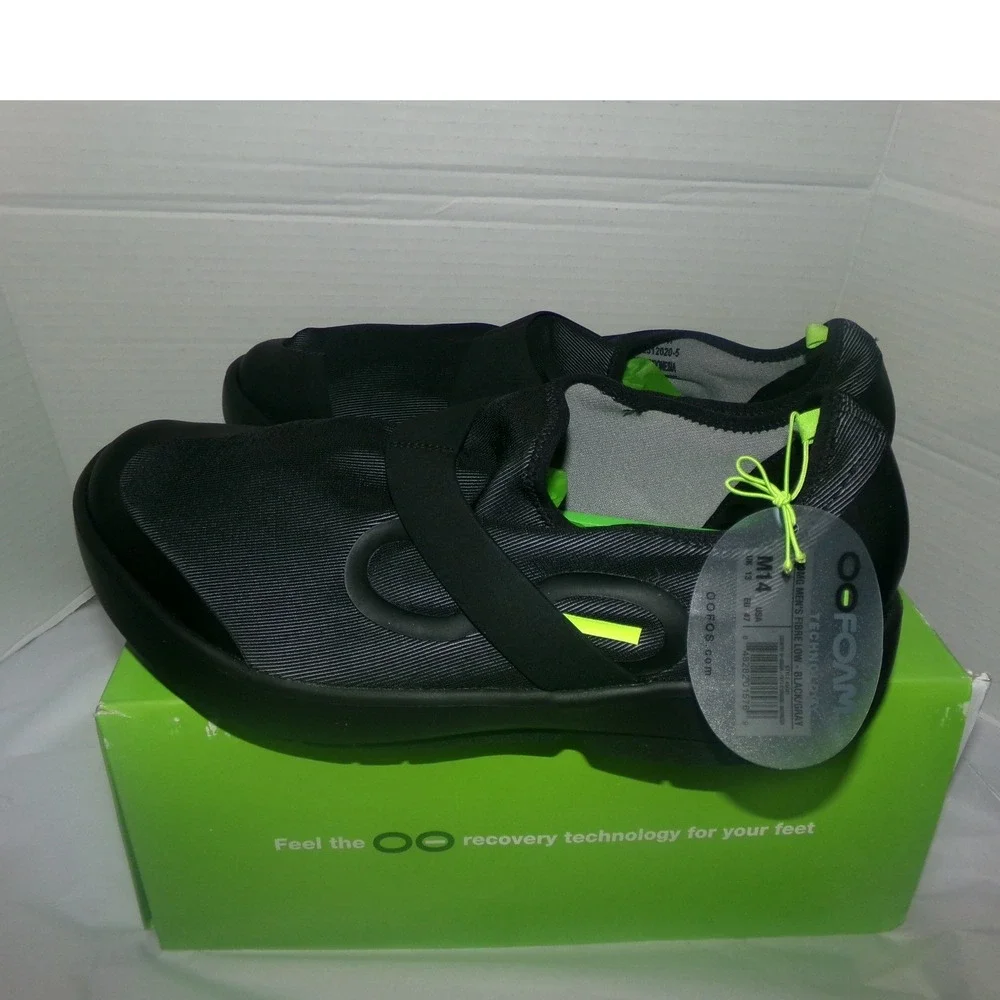 Oofos OOmg Fibre Low Mens SZ 14.0 Recovery Shoes Black Gray OOfoam Slip On